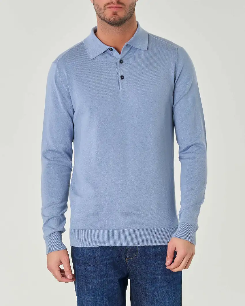 Polo manica lunga Paul Baker azzurra in maglia di viscosa