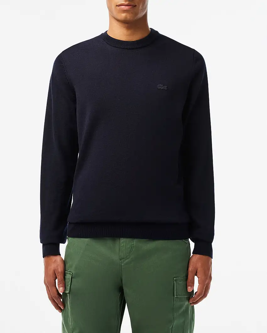 Maglioncino Lacoste blu girocollo in pura lana merinos