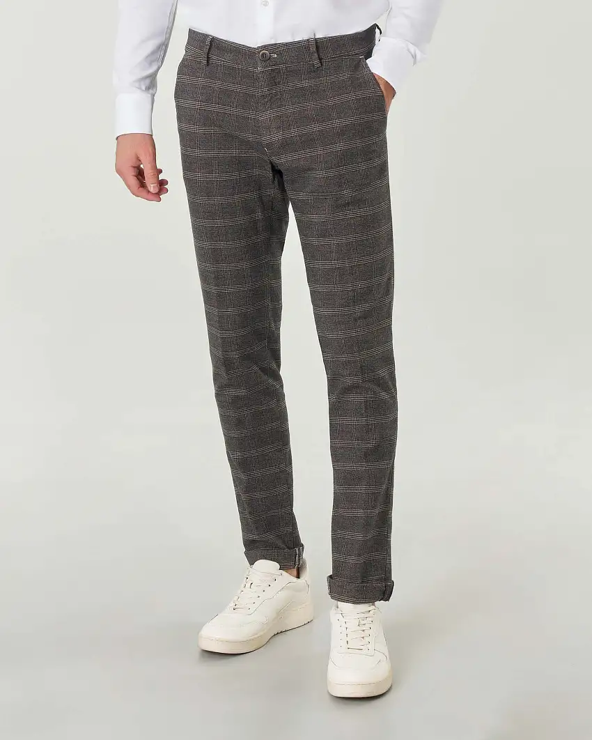 Pantaloni chino Levanto marroni e blu slim-fit in Principe di Galles di cotone stretch