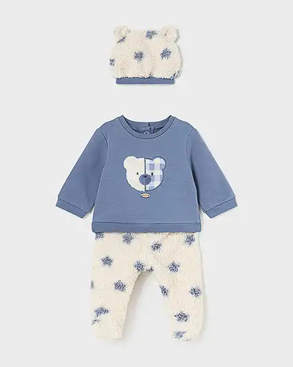 Completo in cotone stretch a tre pezzi avio e panna