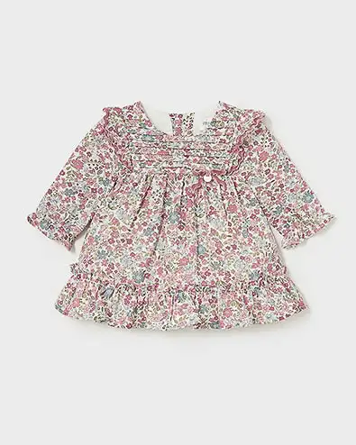 Abito mini in cotone a fantasia stampata floreale rosa con volants