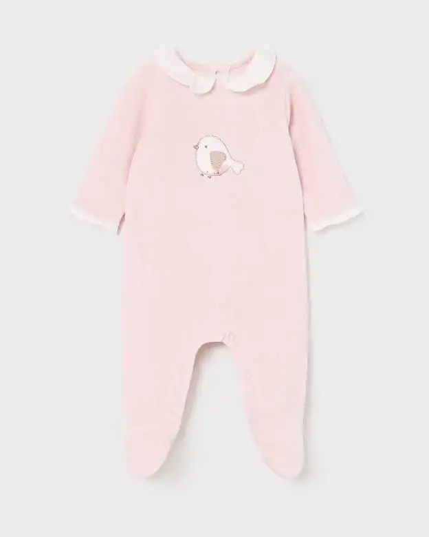 Tutina Mayoral rosa in velluto a maniche lunghe con patch uccellino