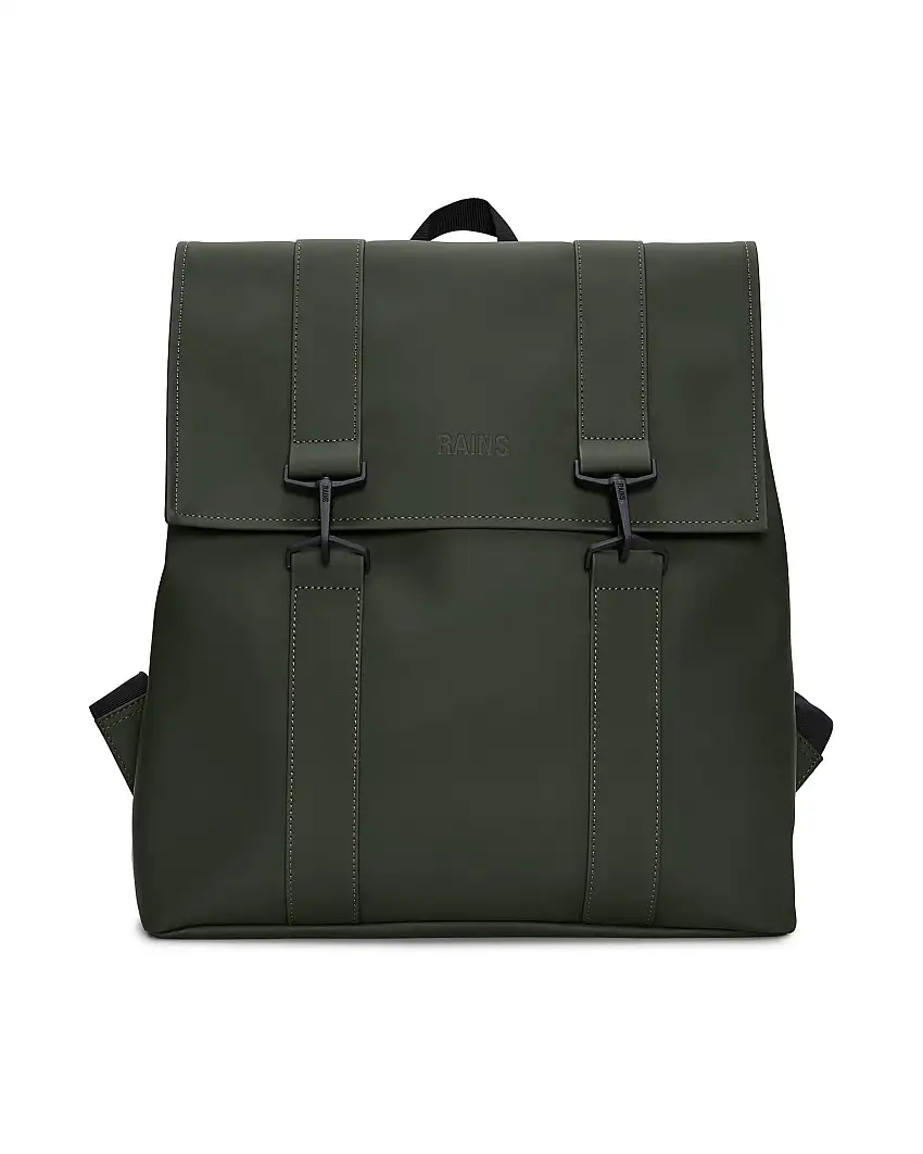 Zaino Rains Msn Bag verde militare in tessuto tecnico impermeabile effetto gommato con doppia chiusura a cartella con moschettoni
