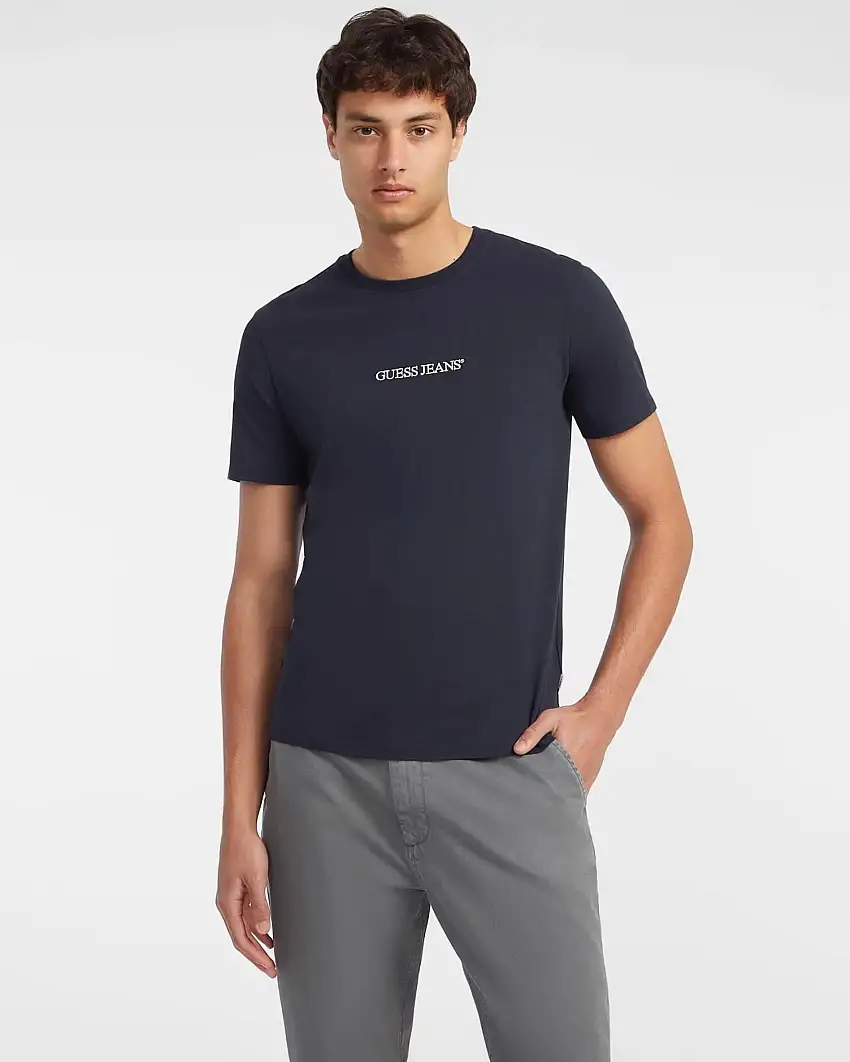 T-shirt slim mezza manica Guess jeans blu in puro cotone con logo scritta