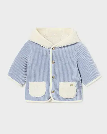Cappotto Mayoral azzurro in velluto a costine reversibile in tessuto teddy bianco con cappuccio