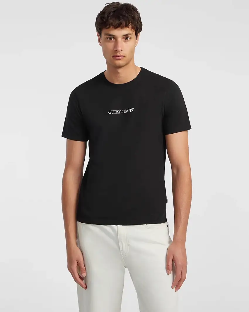 T-shirt slim mezza manica Guess Jeans nera in puro cotone con logo scritta
