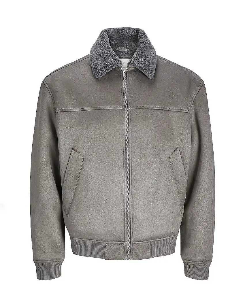 Giacca bomber grigia in simil montone con colletto ed interno in sherpa