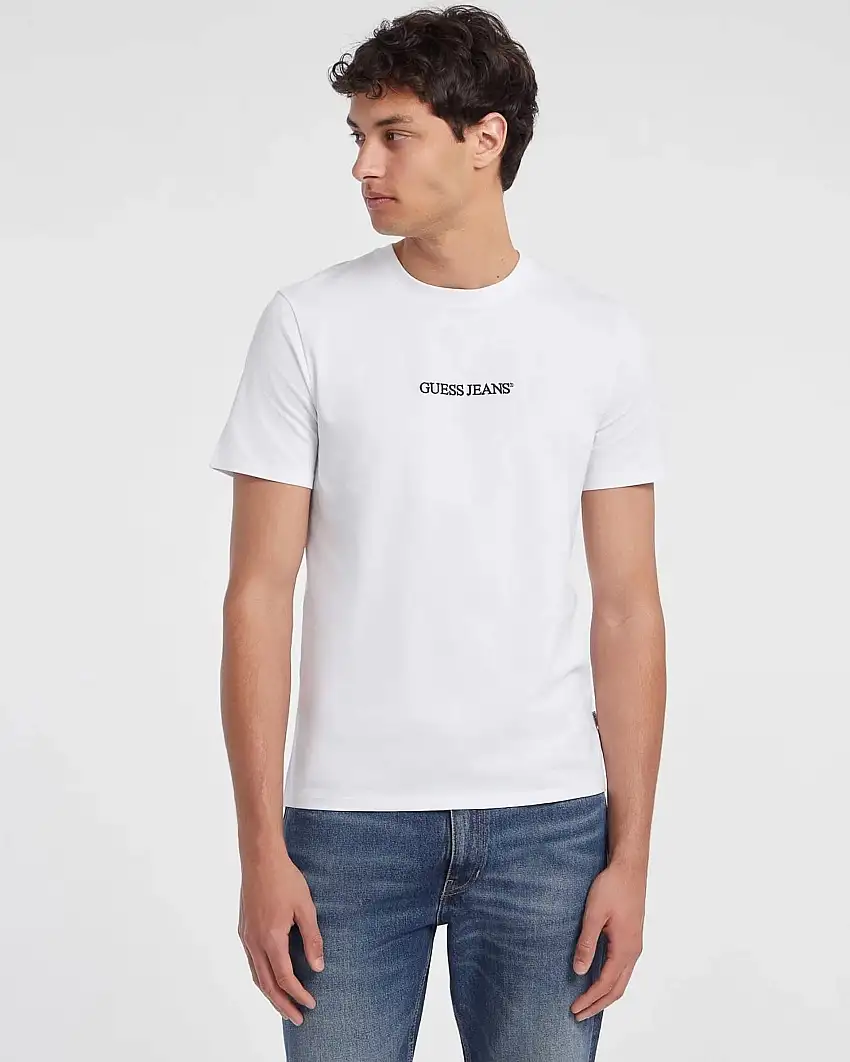 T-shirt slim mezza manica Guess Jeans bianca in puro cotone con logo scritta