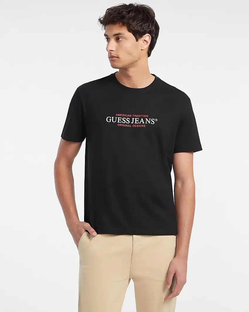 T-shirt Guess Jeans nera mezza manica con logo stampato davanti