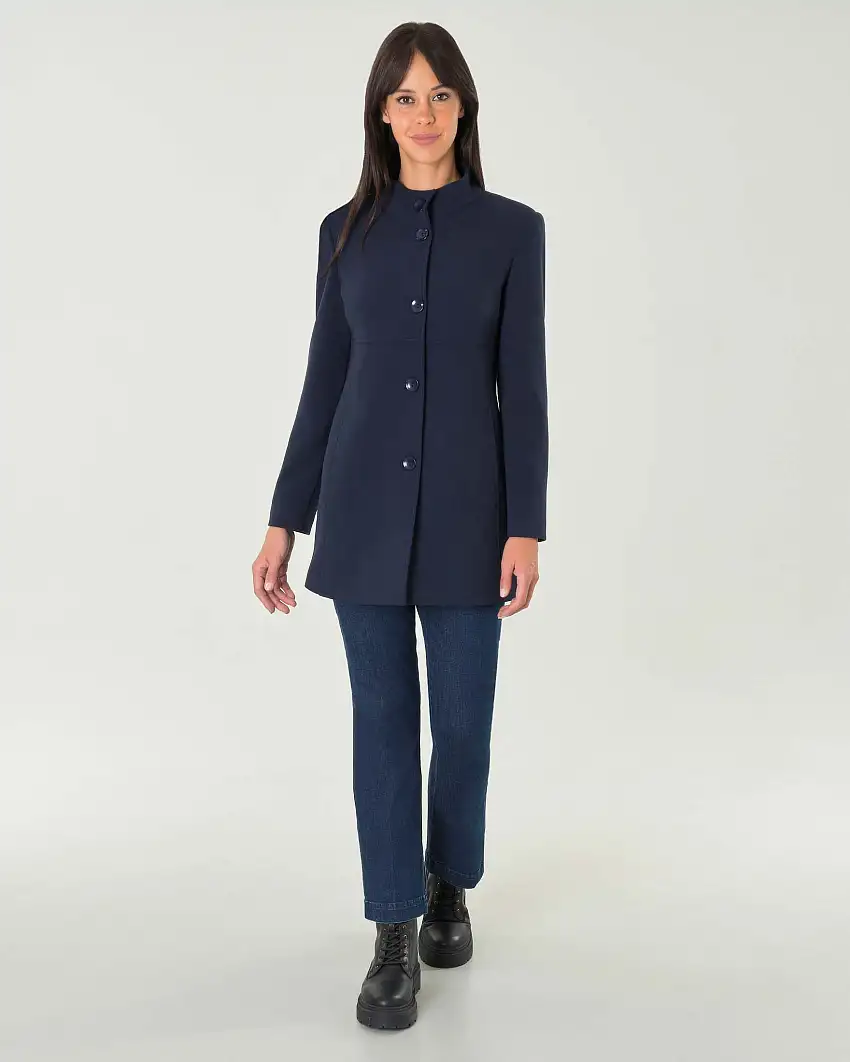 Cappottino blu in crêpe di misto viscosa con colletto in piedi