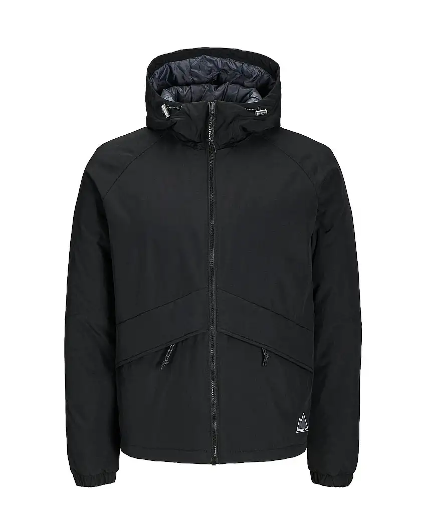 Giubbino nero in nylon ripstop imbottito con cappuccio regolabile e maniche raglan