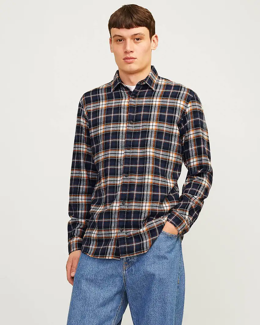 Camicia blu in flanella di cotone a fantasia check arancio slim-fit