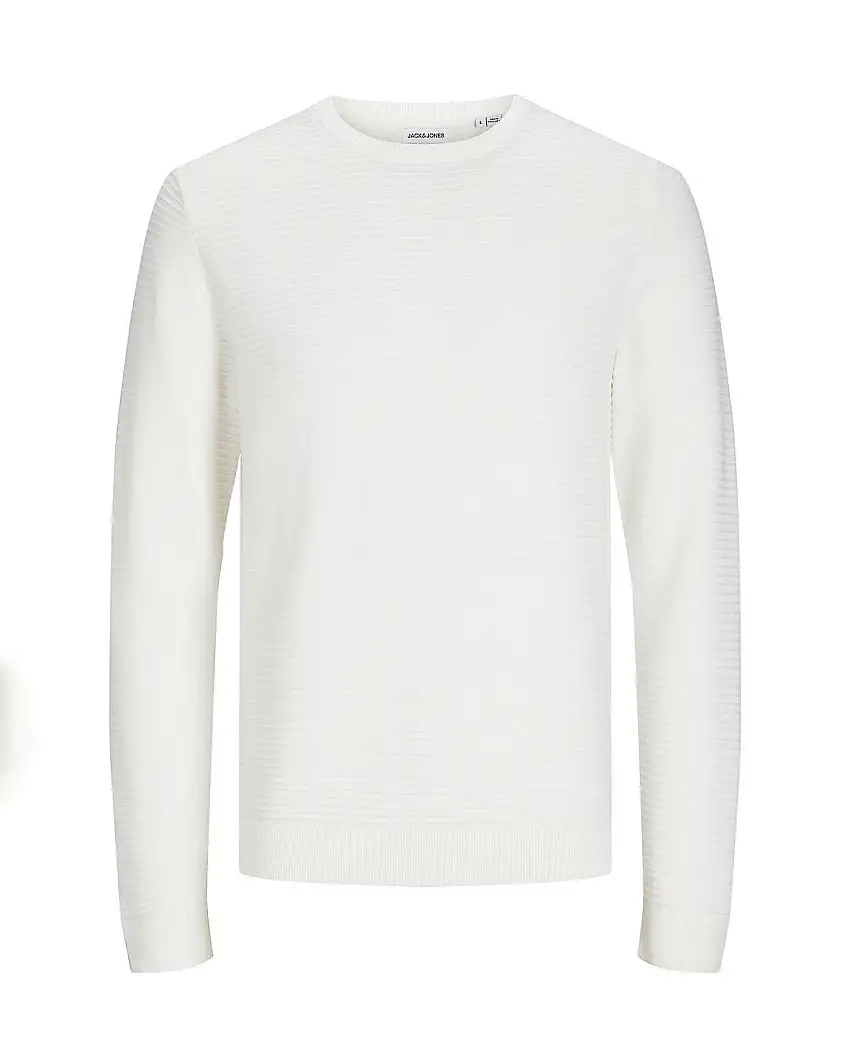 Maglia girocollo bianca in puro cotone lavorato a linee orizzontali regular-fit