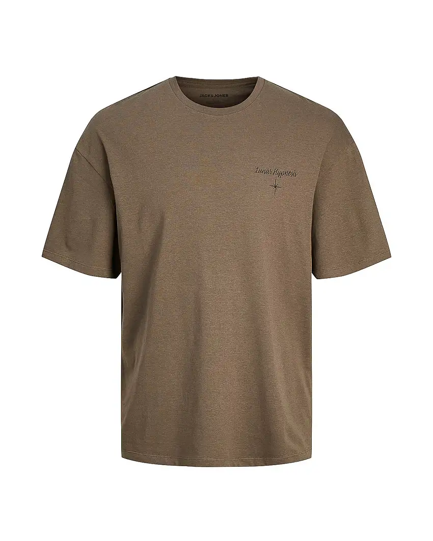 T-shirt color noce in puro cotone con stampa scritta nera sul petto e ciclo lunare sul retro