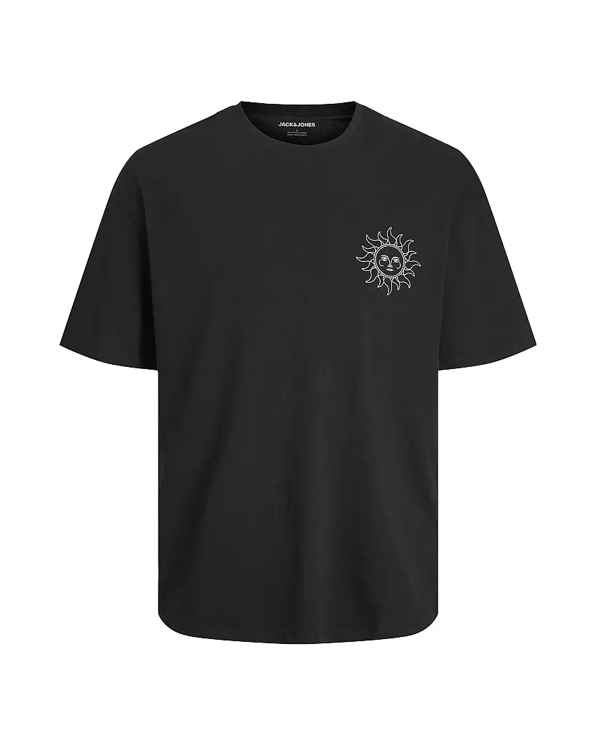 T-shirt nera in puro cotone con stampa sole fronte e retro