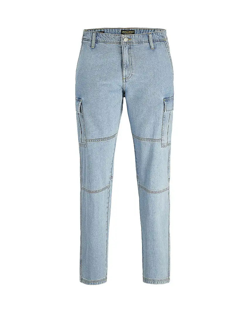 Jeans cargo loose fit a gamba ampia in puro cotone lavaggio chiaro super stone washed