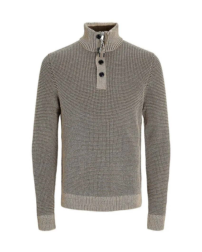 Maglia cammello in misto cotone punto pannoccia con chiusura a mezza zip e bottoni