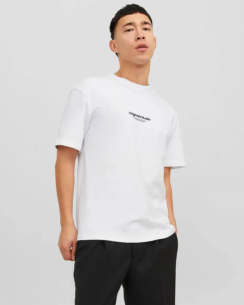 T-shirt bianca relaxed-fit in puro cotone con stampa logo piccola nera centrale sul petto