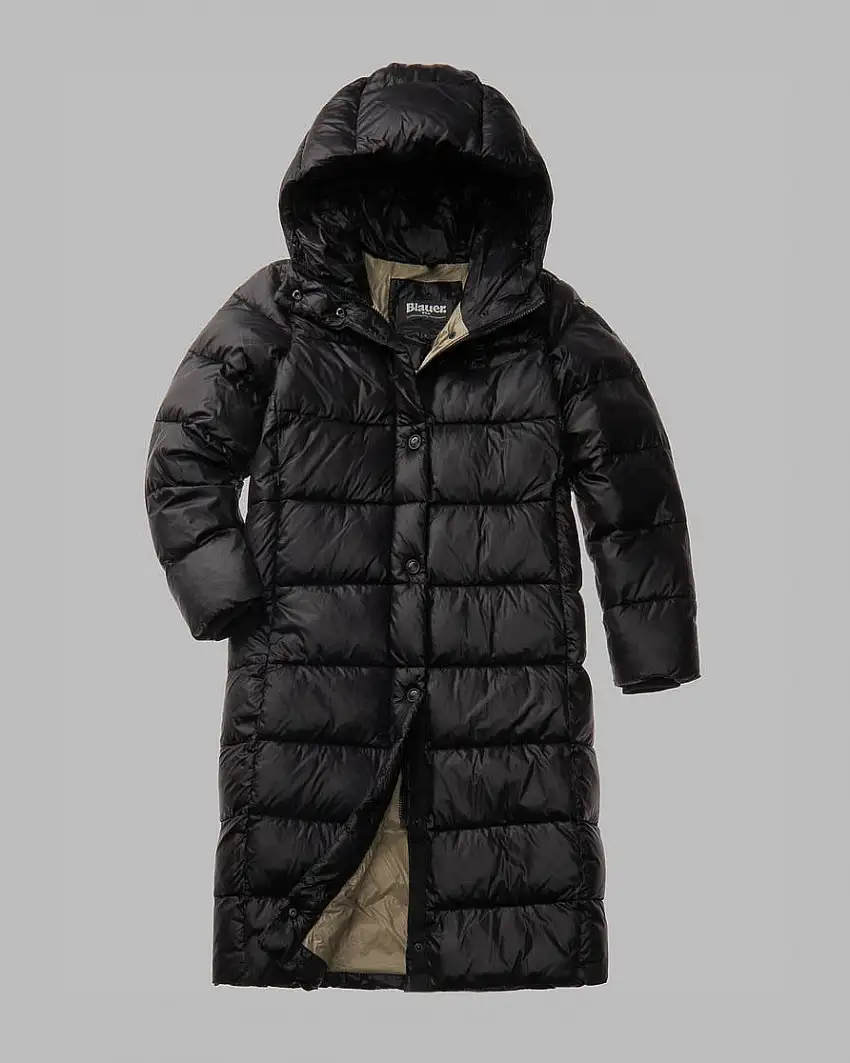 Piumino lungo nero modello Bellevue in nylon micro rip con imbottitura ecologica