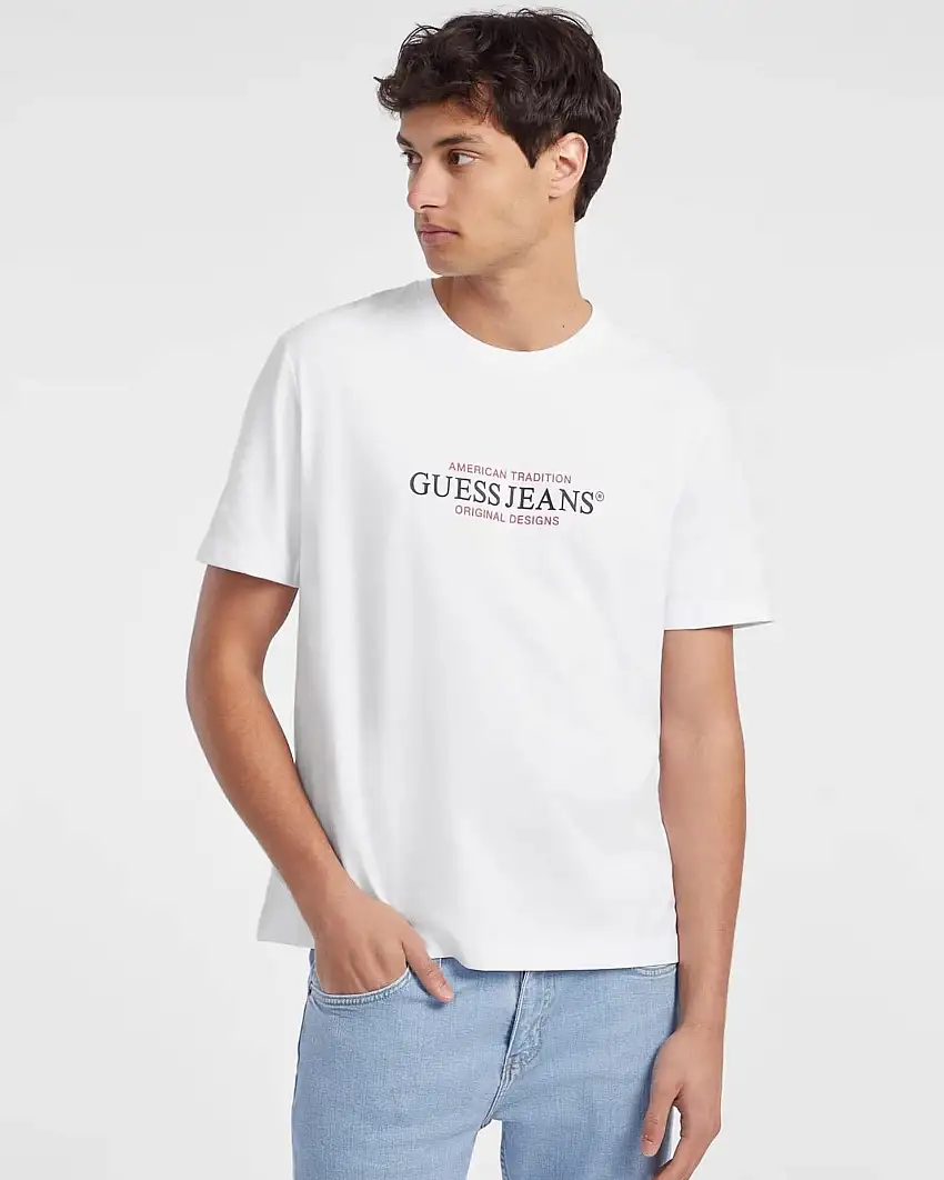 T-shirt mezza manica Guess Jeans bianca con logo stampato davanti