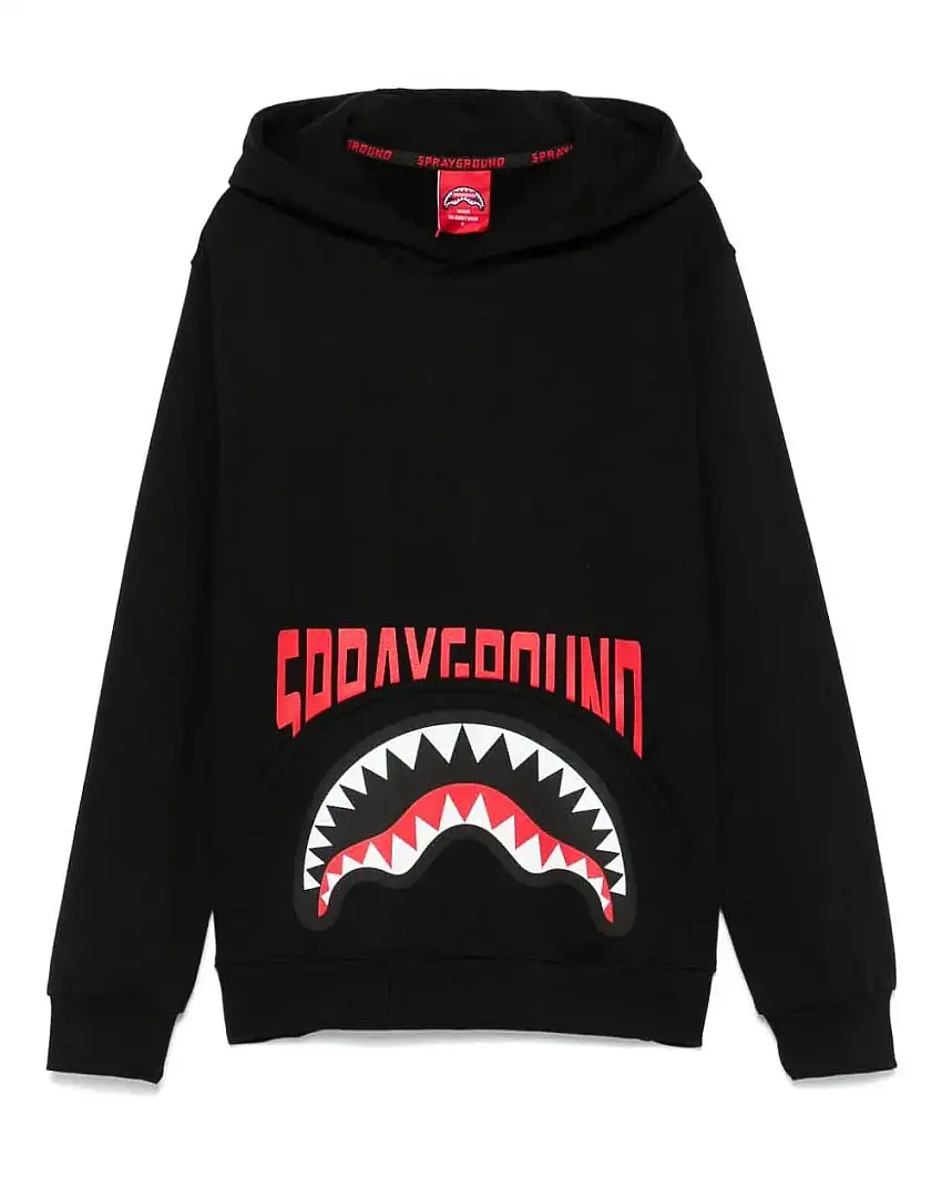 Felpa nera in cotone con cappuccio e stampa squalo