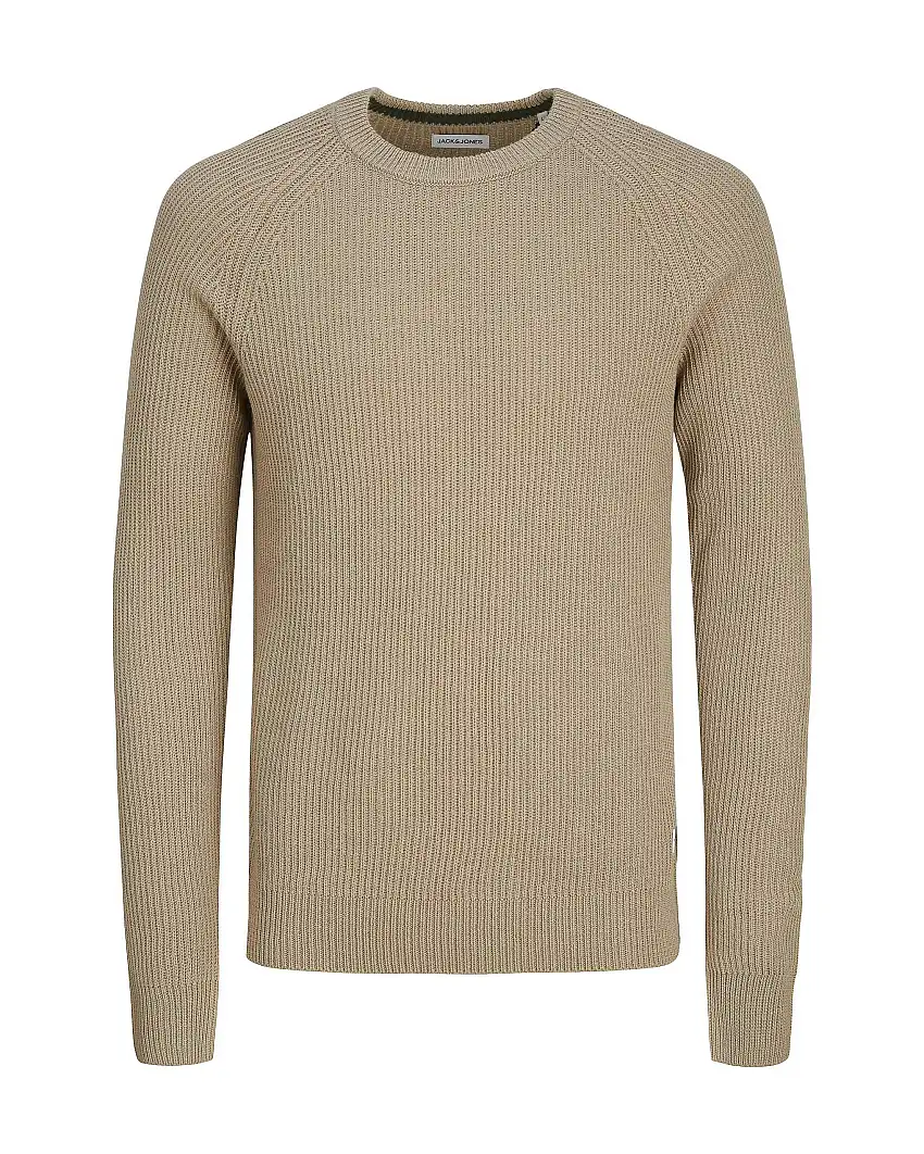 Maglia girocollo beige in misto cotone a coste inglesi regular-fit con etichetta logo sul fianco