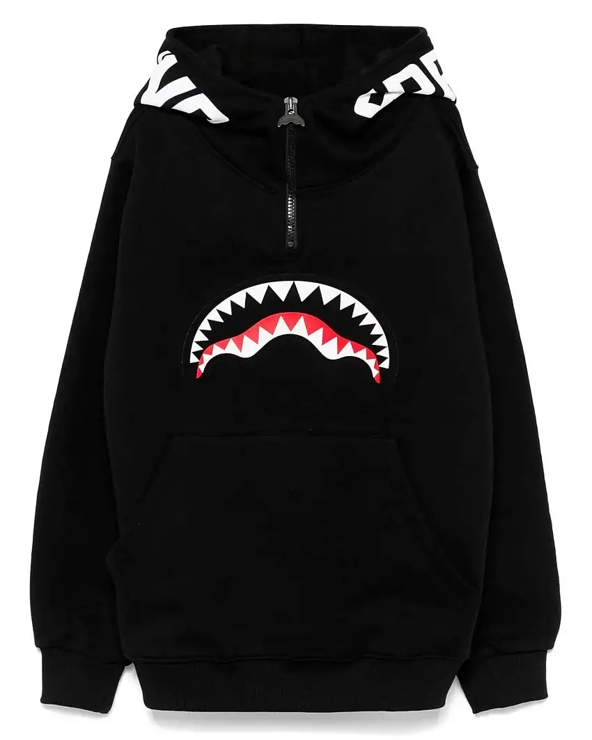 Felpa nera in cotone con cappuccio e mezza zip