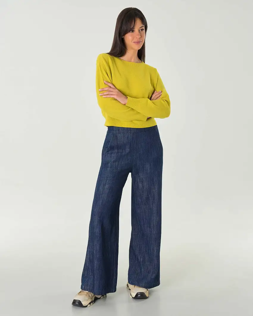 Maglia cropped color lime in misto viscosa con scollo tondo e giromanica sceso