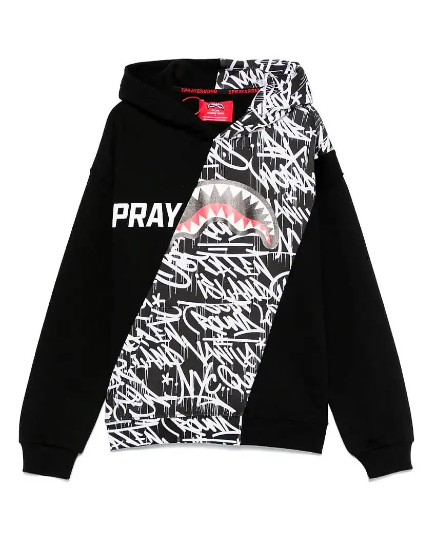Felpa nera in cotone con cappuccio e stampa graffiti bianca