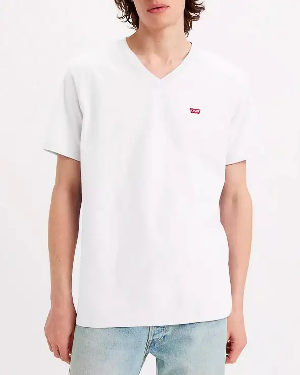 T-shirt bianca mezza manica con scollo a V e logo batwing piccolo