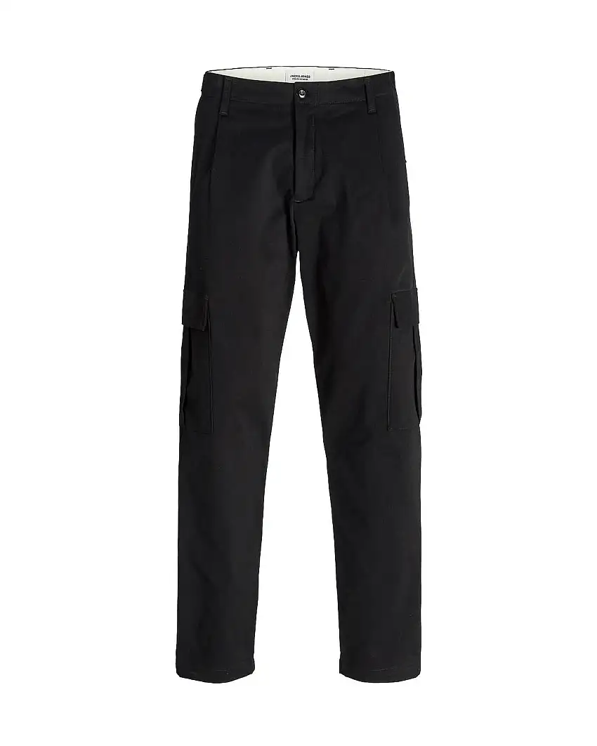 Pantaloni cargo neri tapered-fit in cotone stretch con pince in vita