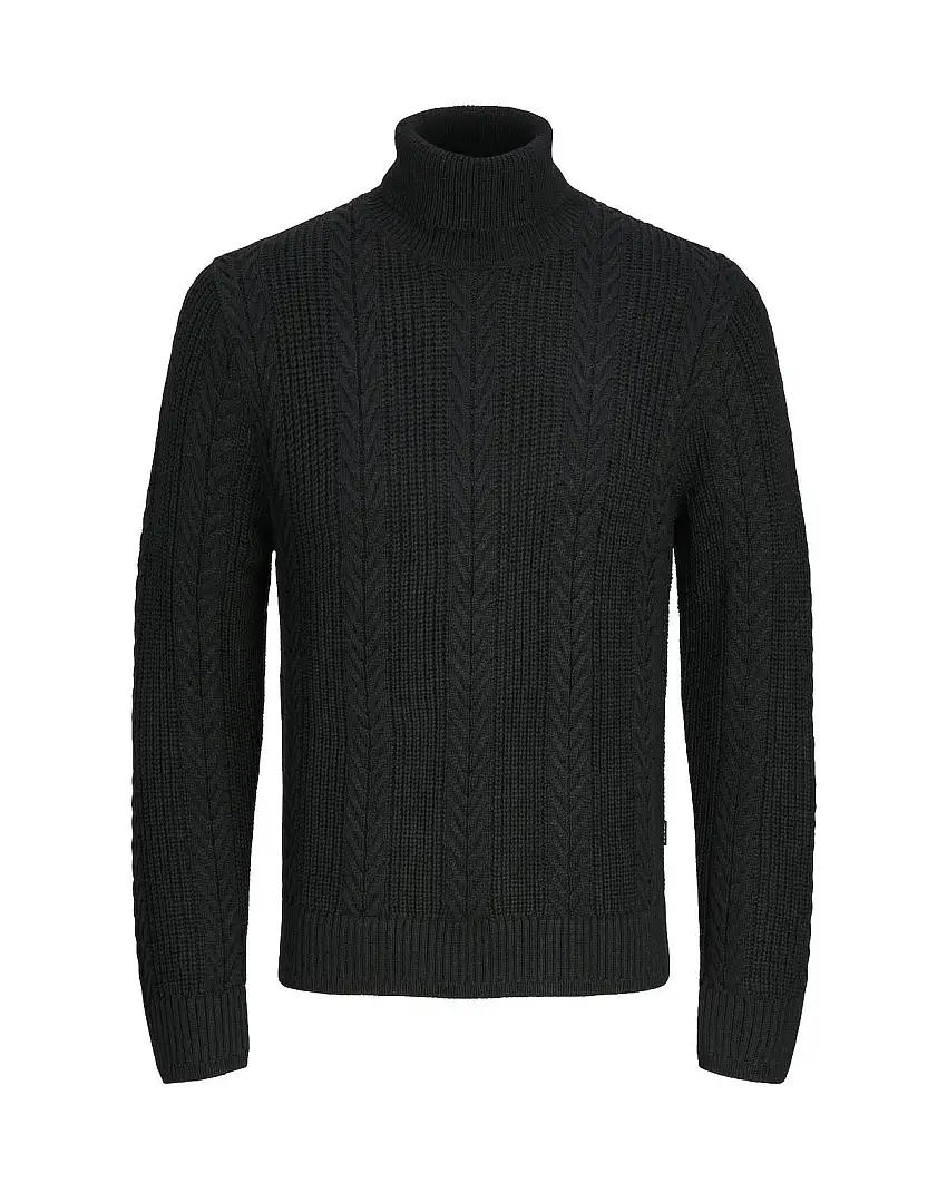 Dolcevita nero in misto cotone lavorato a coste inglesi con motivo a trecce chevron regular-fit