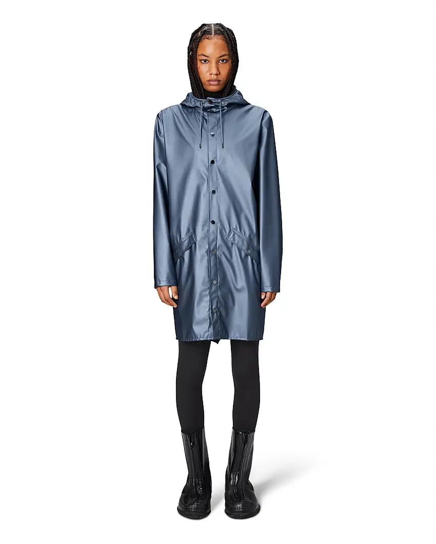 Impermeabile Long Jacket color avio effetto metallizzato con cappuccio dalla finitura metallica