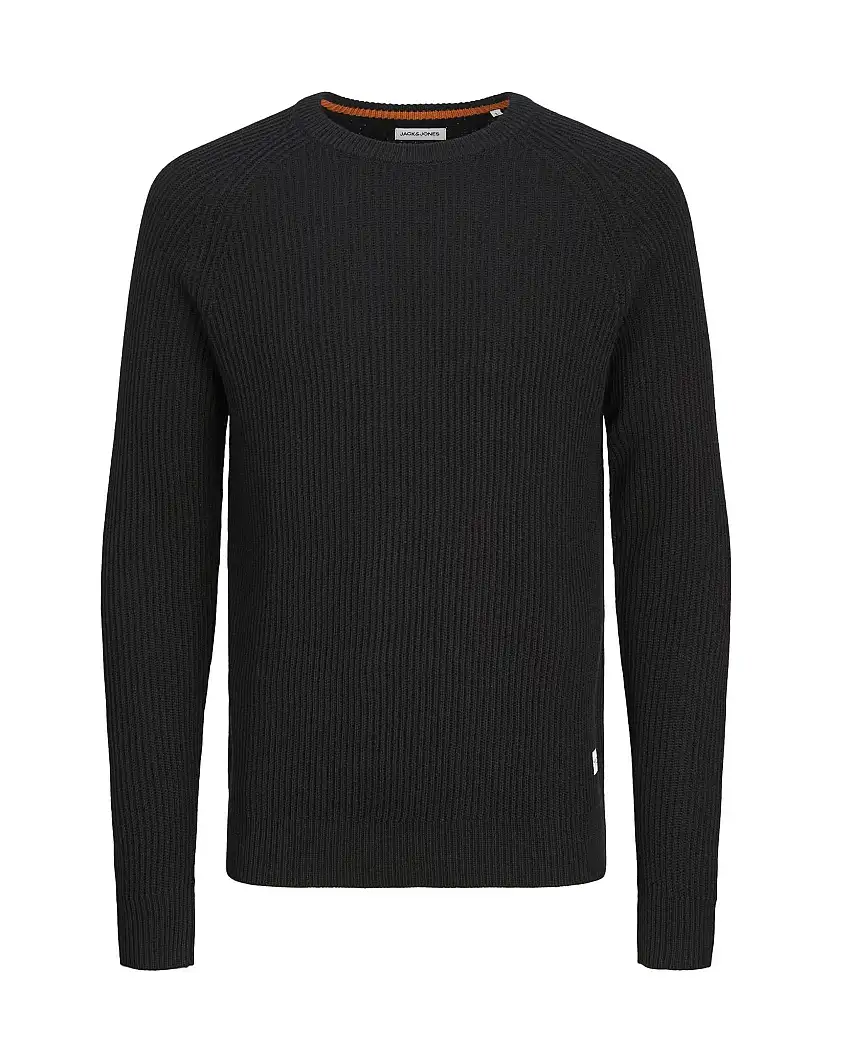Maglia girocollo Jack & Jones nera in misto cotone a coste inglesi regular-fit con etichetta logo sul fianco