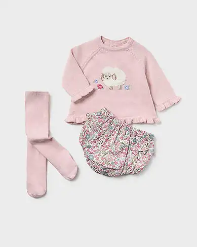 Completo a tre pezzi rosa in misto cotone con maglia mutandina e collant