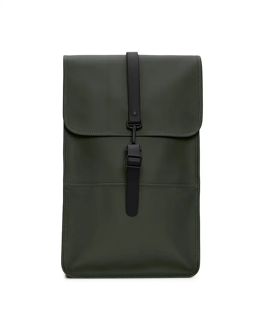Zaino Backpack Rains verde militare in tessuto tecnico impermeabile effetto gommato con patta