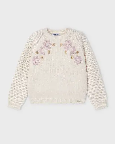 Maglia avorio tricot con ricami fiori rosa
