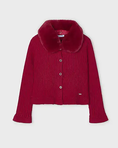 Cardigan rosso Mayoral in viscosa a coste con collo pelliccia