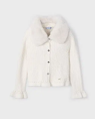 Cardigan panna Mayoral in viscosa a coste con collo pelliccia