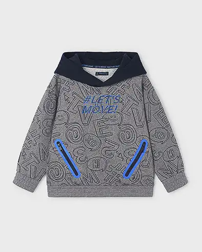 Felpa in misto cotone grigia con cappuccio blu e stampa simboli all-over