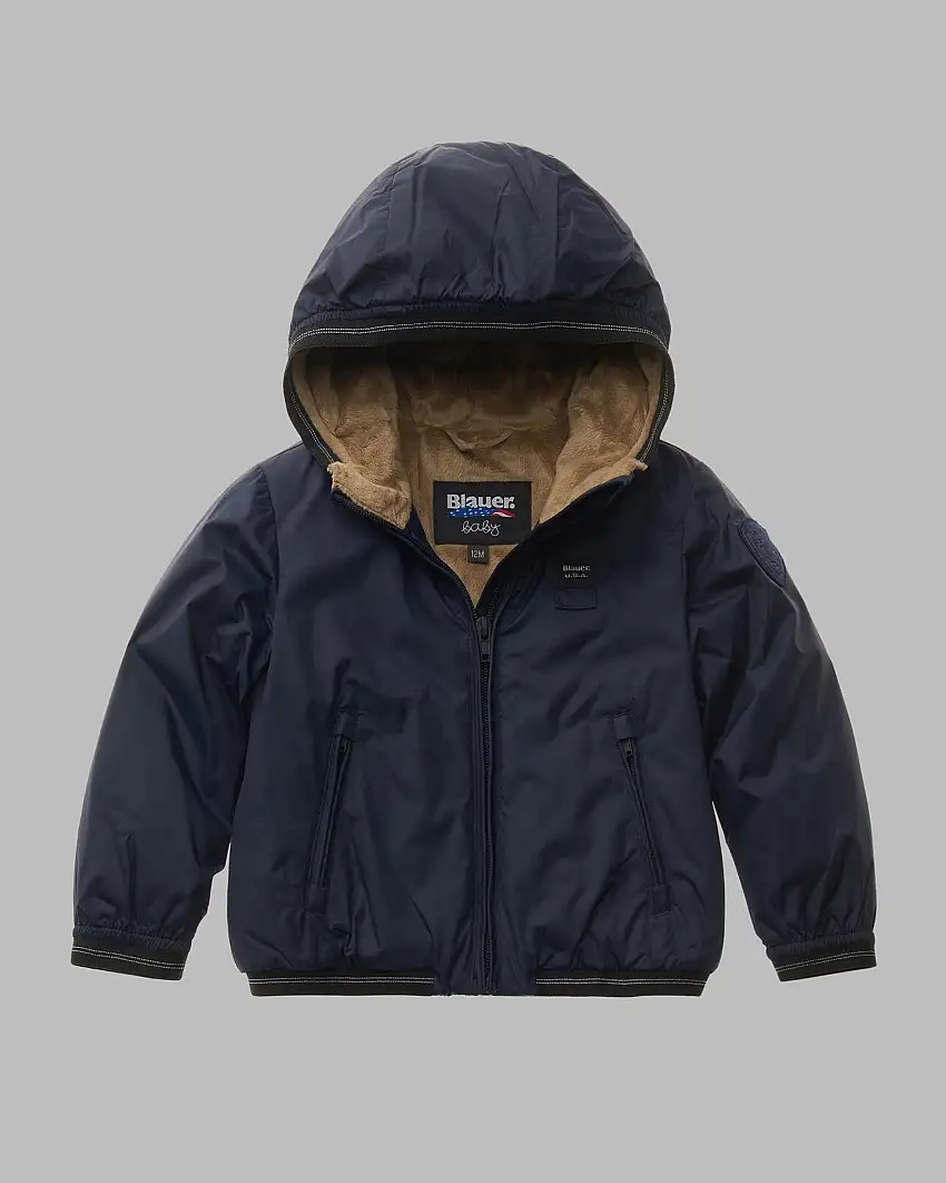 Giubbino Blauer blu in nylon con interno ecopelliccia cammello e cappuccio