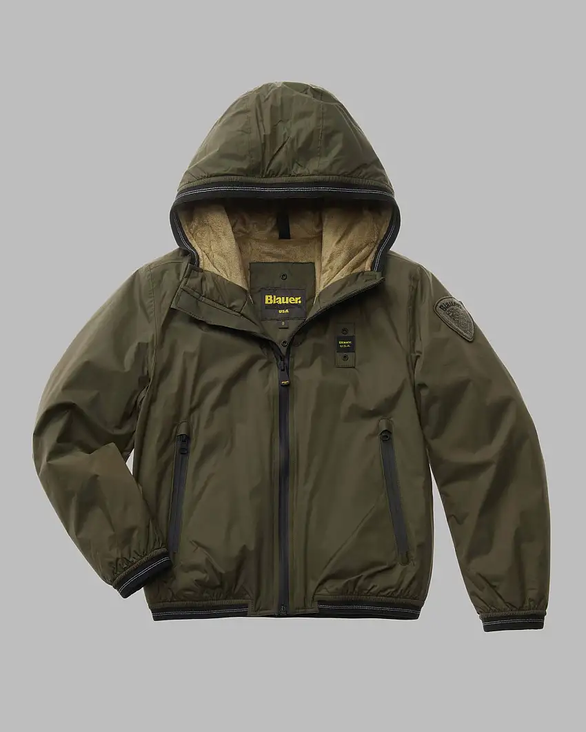 Giacca Blauer militare in nylon con cappuccio ed interno ecopelliccia cammello