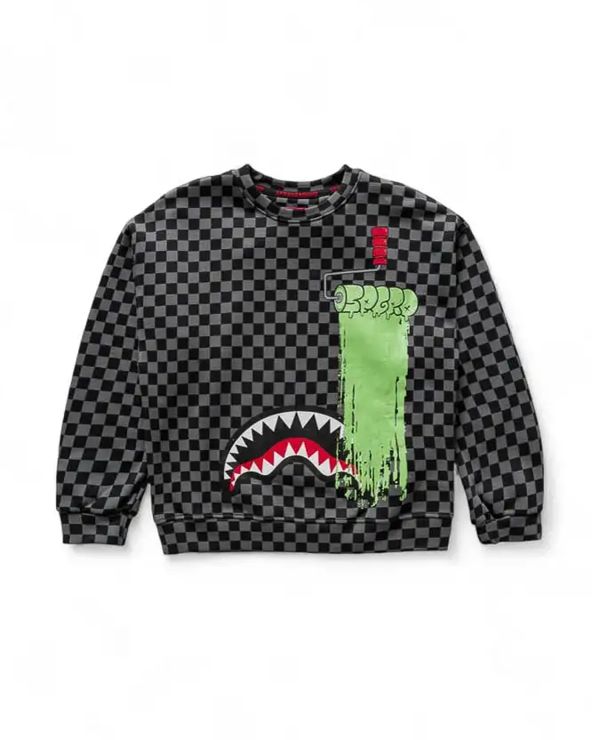 Felpa in cotone a scacchiera grigia e nera con stampa vernice verde