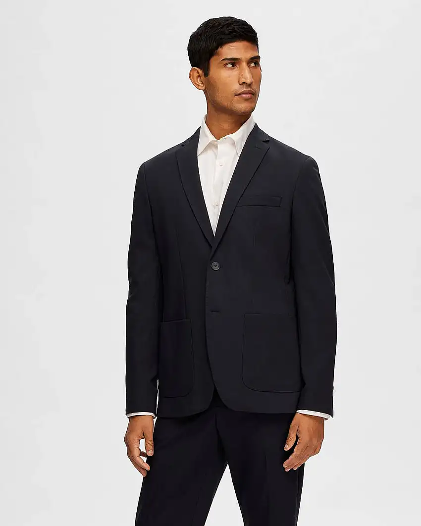 Blazer blu notte slim-fit in jersey di viscosa con chiusura monopetto e tasche applicate ai fianchi