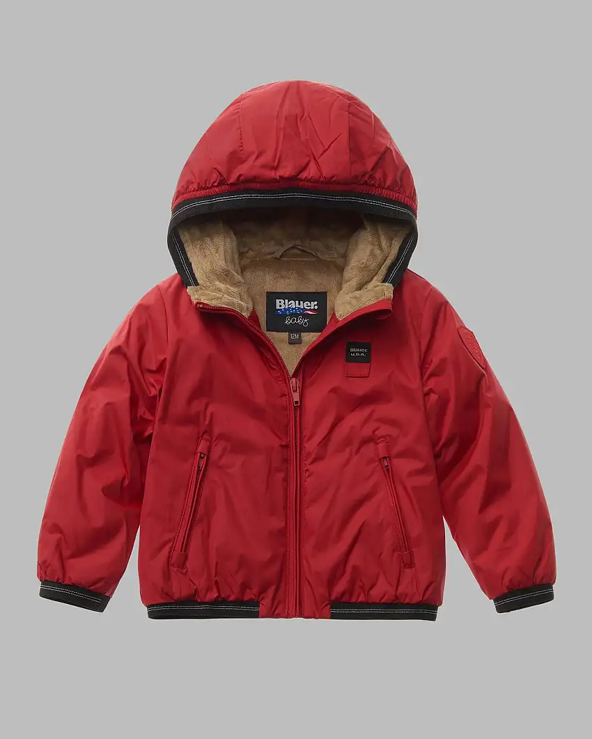 Giubbino Blauer rosso in nylon con interno ecopelliccia cammello e cappuccio