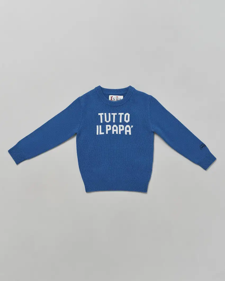 Maglia MC2 Saint Barth blu royal in misto lana e cashmere con scritta bianca 'Tutto il papà'