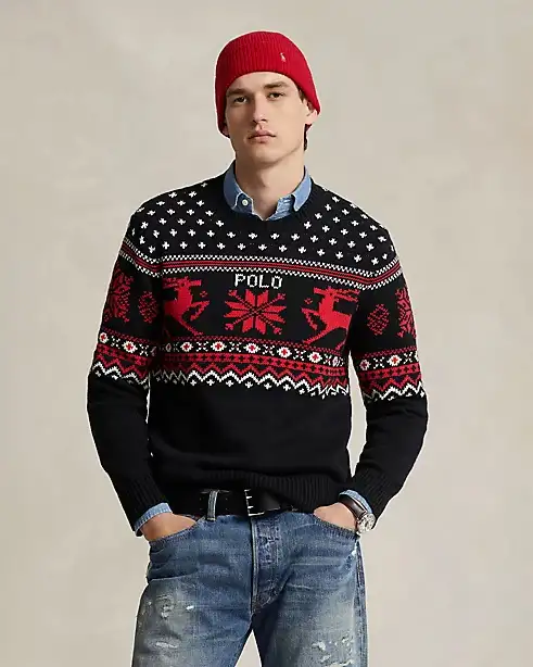 Maglione nero girocollo in misto lana e cashmere con fantasia norvegese