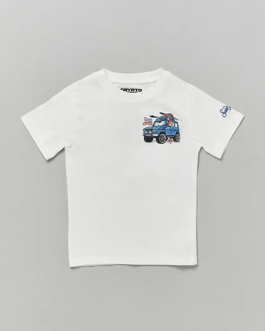 T-shirt bianca in cotone a maniche corte con stampa auto anatra invernale