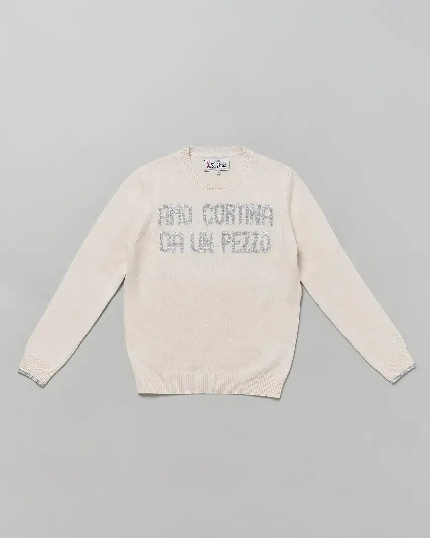 Maglia panna MC2 Saint Barth in misto lana e cashmere con scritta 'Amo Cortina da un pezzo'