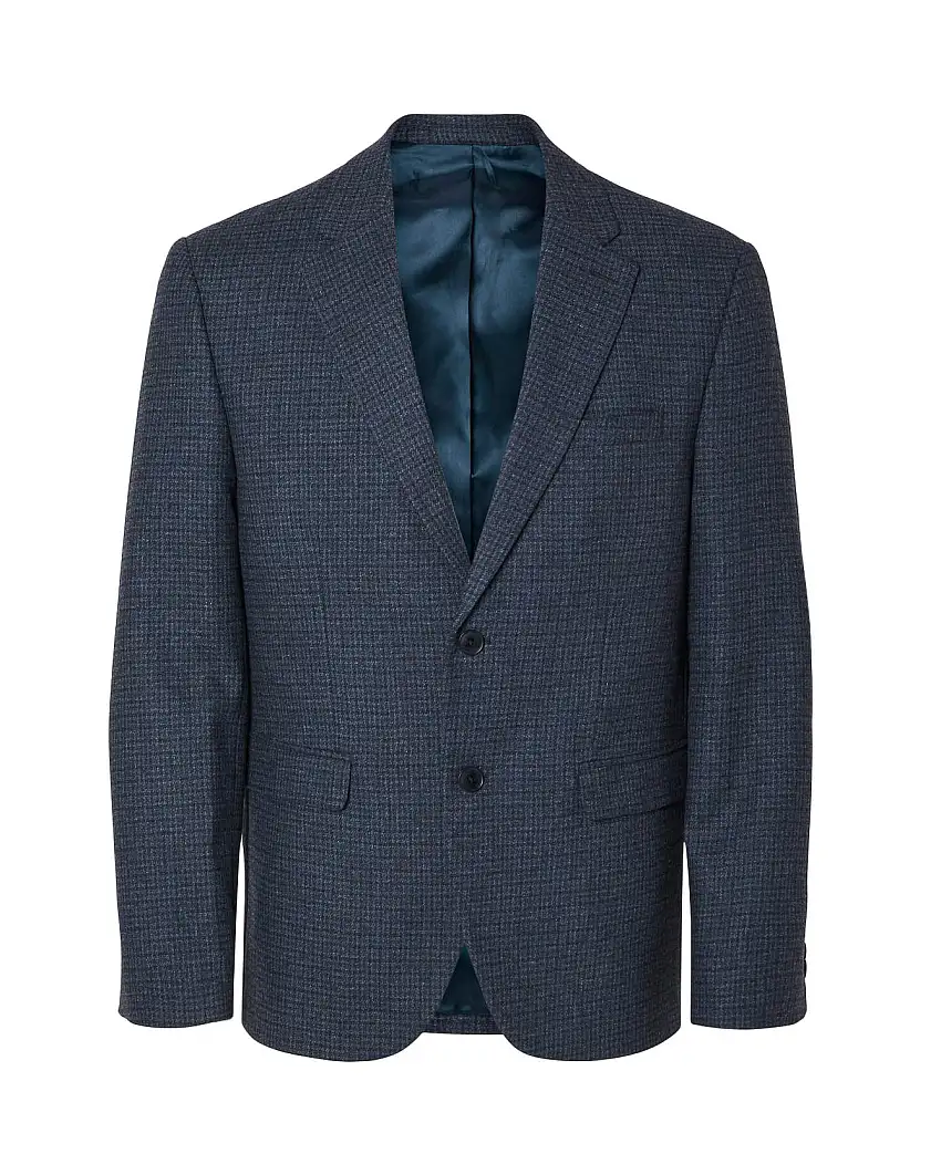 Blazer blu slim-fit in micro quadretto di misto lana con chiusura monopetto
